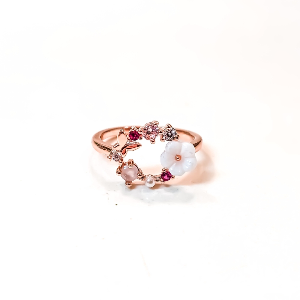 925 Hibiscus Pearl Rose Quartz Adjustable Ring - Picture 2 of 4
